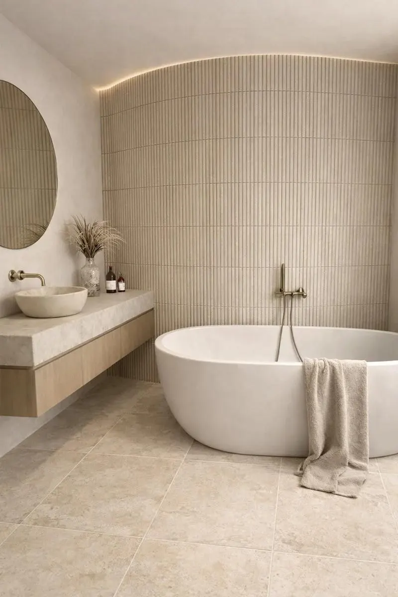 Neutral bathroom with a freestanding bath, fluted feature tiles, stone vanity and curved ceiling